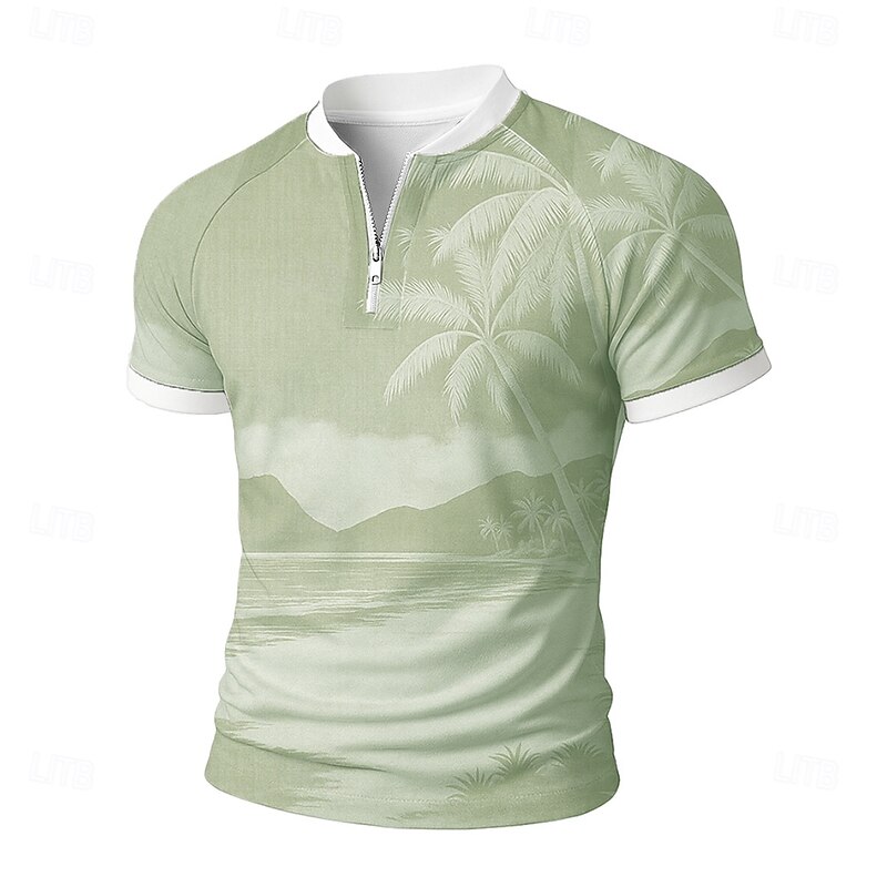 Men's Palm Tree Zip Polo Short Sleeve Stand Collar Vacation Leisure Athleisure Hawaiian Casual Daily Zipper 3D Print Summer Robin's Egg Blue Light Green Brown4