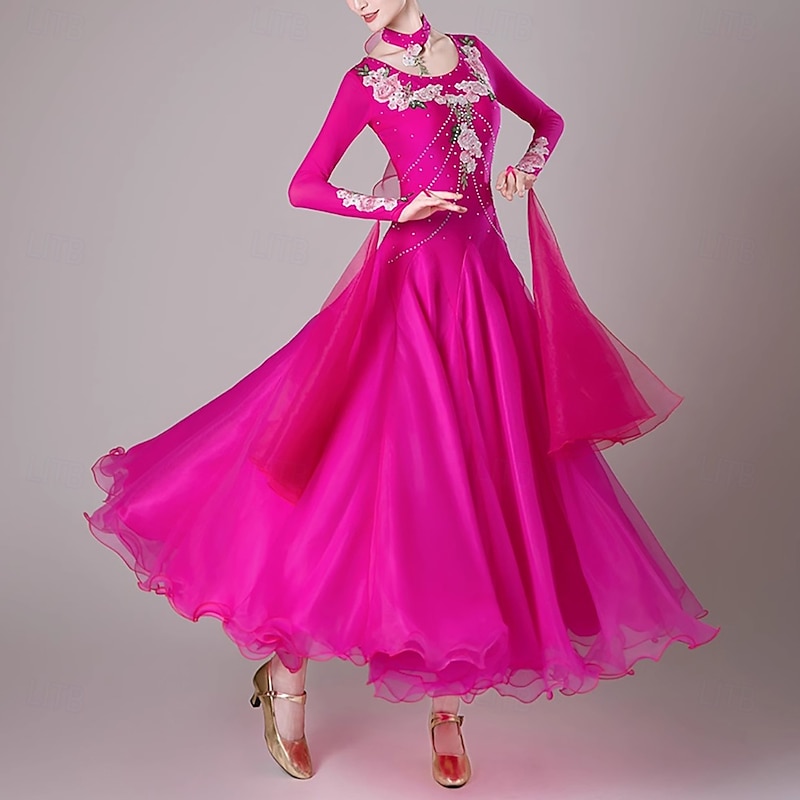 Ballroom Dance Dress Embroidery Splicing Crystals / Rhinestones Women's Performance Party Long Sleeve Spandex Organza2