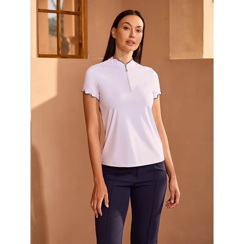 Women's Golf Polo Shirt White+Black Short Sleeve Ladies Golf Attire Clothes Outfits Wear Apparel
