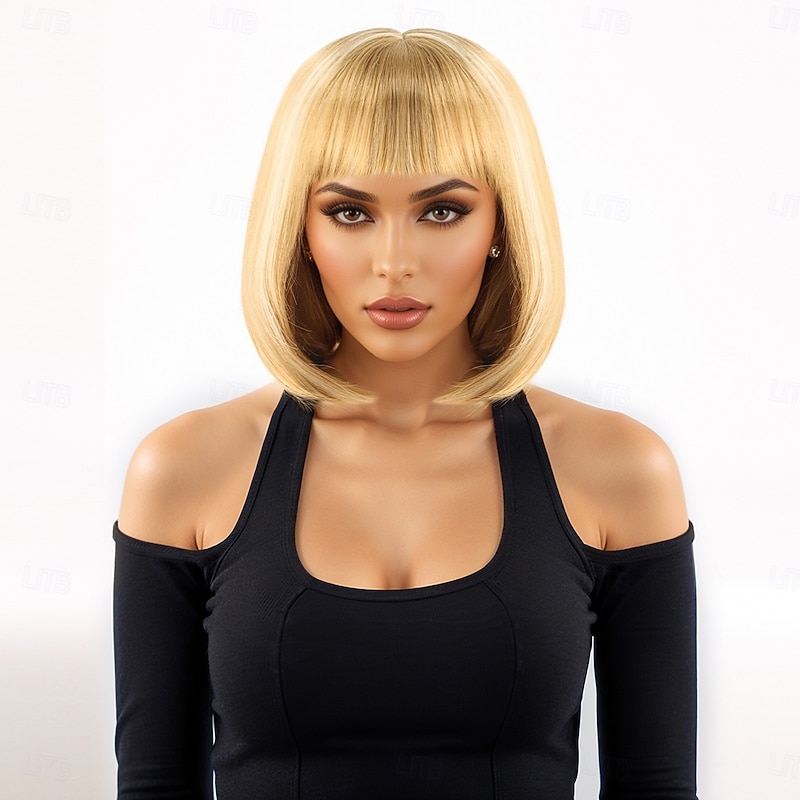 Synthetic Wig kinky Straight Natural Straight Asymmetrical Neat Bang Machine Made Wig 12 inch A1 Synthetic Hair Women's Classic Comfortable Color Gradient Yellow3