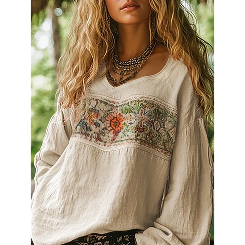 Women's Western Blouse Boho Shirt Blouse Flower Modern Casual Long Sleeve V Neck Regular Tops Daily Holiday Going out Print Black Fuchsia Orange Apricot Gray Summer Autumn