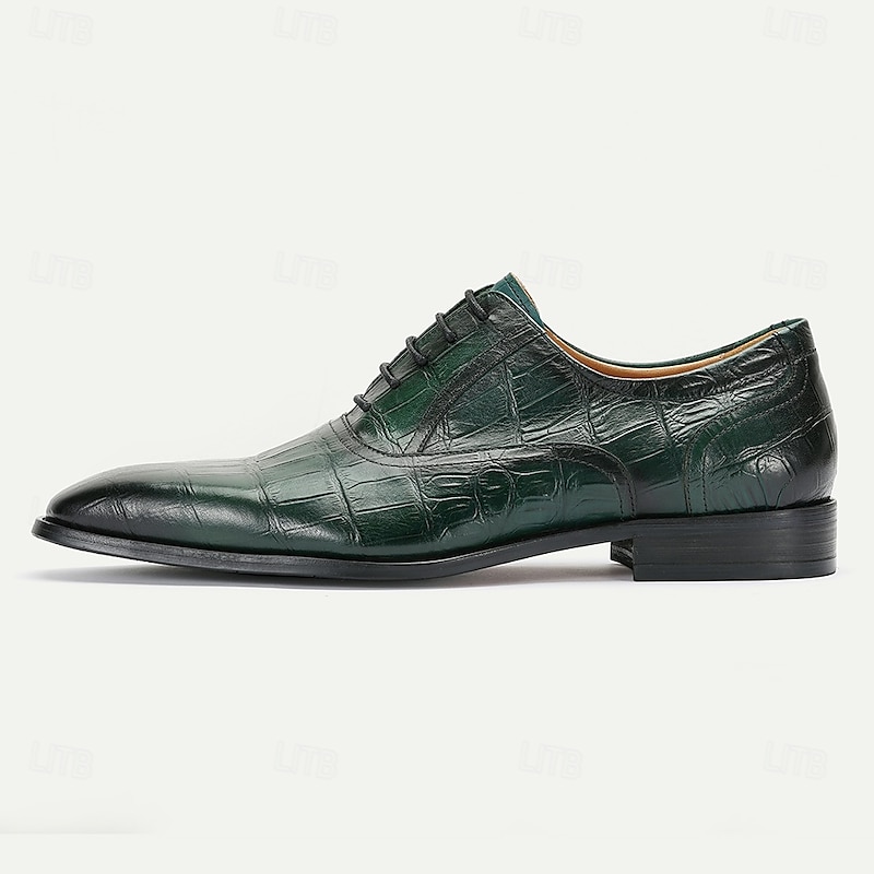 Men's Premium Green Crocodile Leather Lace-Up Shoes with Elegant Detailing for Formal Dinners and Gala Events3