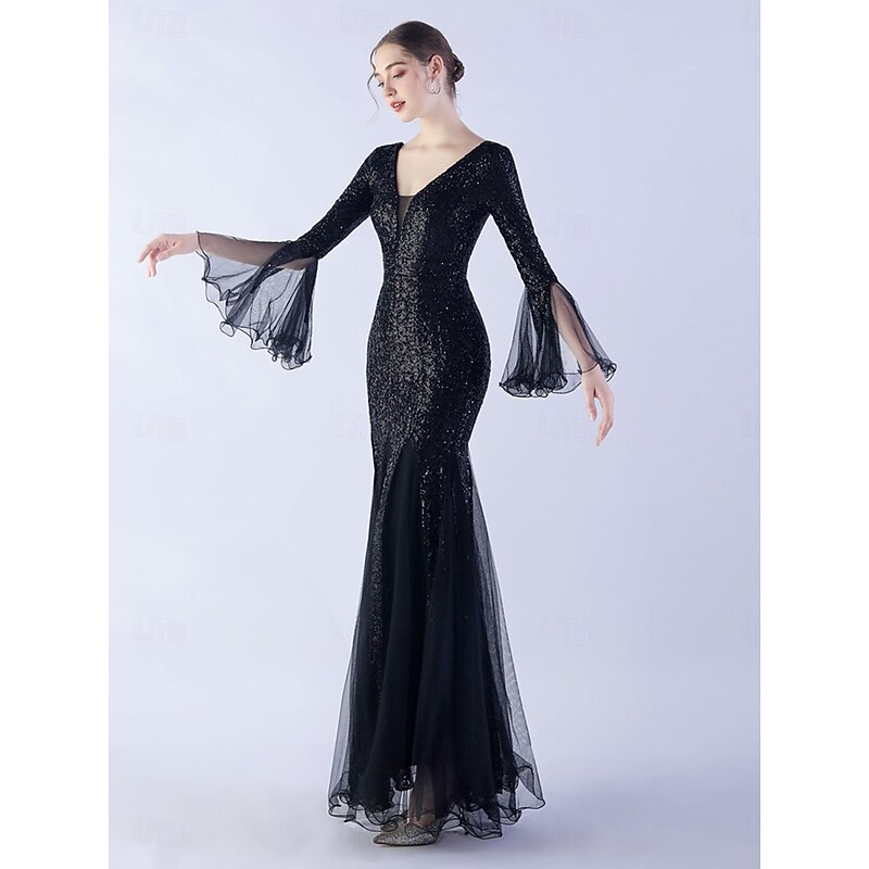 Mermaid / Trumpet Quinceanera Dresses Elegant Dress Formal Wedding Floor Length Long Sleeve V Neck Sequined with Sequin4