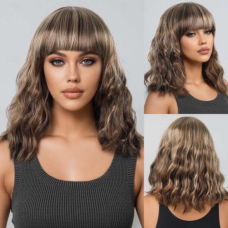 Synthetic Wig Water Wave Curly Weave Asymmetrical Neat Bang Machine Made Wig 12 inch A1 Synthetic Hair Women's Soft Party Classic Blonde