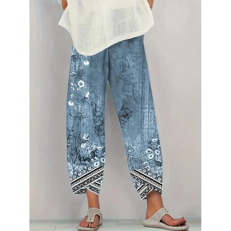 Women's Wide Leg Chinos Baggy Pants Vacation Vintage Ethnic Style Ankle-Length High Waist Floral Graphic Printing Thermal Warm Soft Breathable Micro-elastic Vacation Street Causal Ash Violet Robin's3