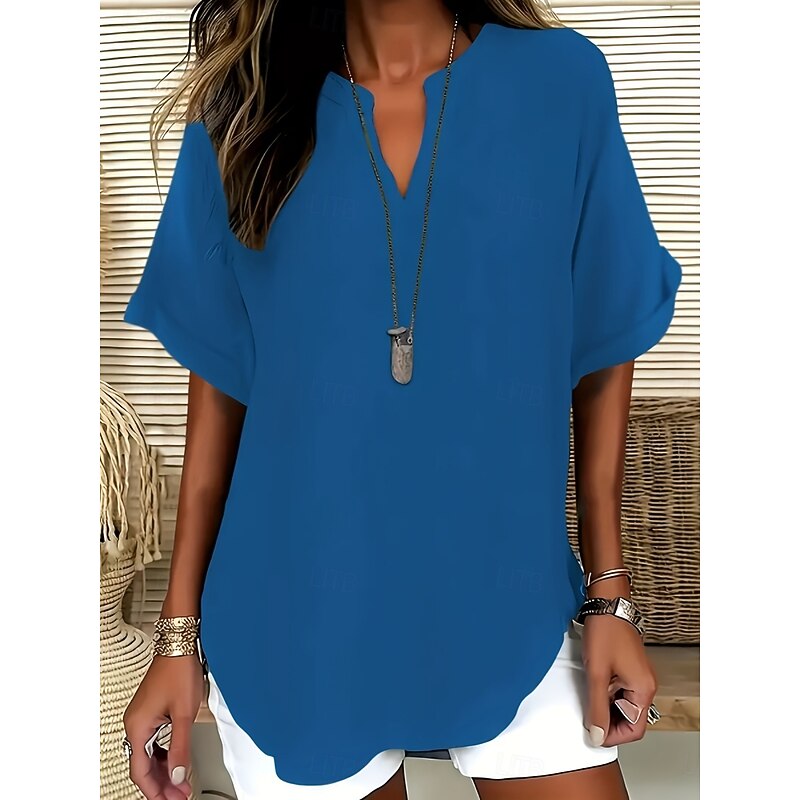 Women's Blouse Solid Color Stylish Casual Short Sleeve V Neck Regular Tops Daily Black Army Green Blue Summer