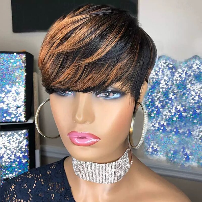 Human Hair Wig Short Natural Straight Pixie Cut Short Bob Side Part Layered Haircut Natural Designers Natural Hairline Capless Brazilian Hair Women's Natural Black #1B Black / Dark Wine Medium Brown#44