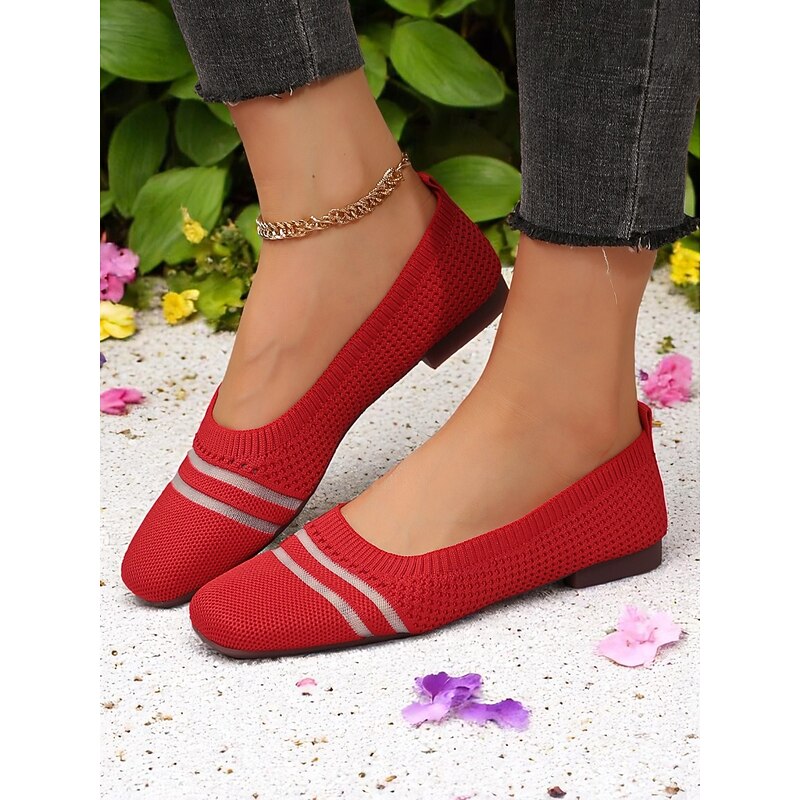 Women's Red Breathable Flyknit Ballet Flats with Striped Design – Lightweight Casual Shoes for Daily Wear, Travel or Garden Walks3