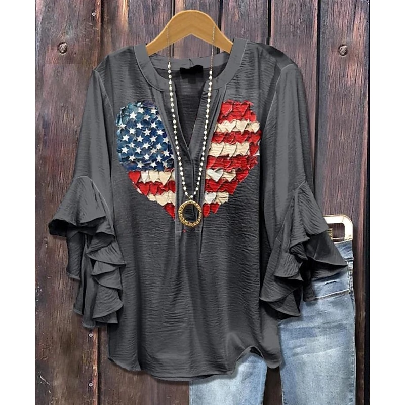 Women's Patriotic  Blouse Graphic Flag Vintage Daily Stylish 3/4 Length Sleeve Flutter Sleeve V Neck Regular Tops Daily Holiday Wear Ruffle Print Red Dark Gray2
