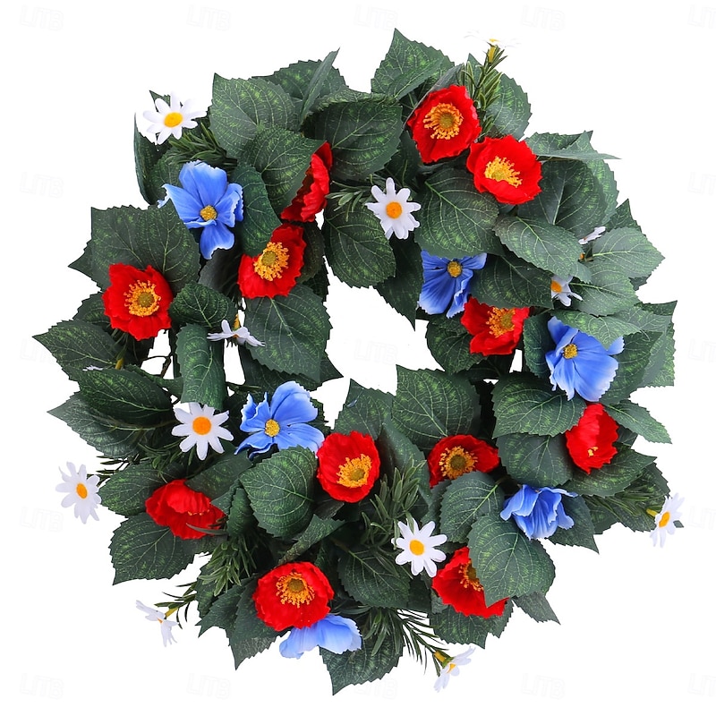 Patriotic Wreath for Front Door 4th of July Independence Day Red White and Blue Outdoor Indoor Decoration, American Flag Faux Flower Vine Ring Wall Hanging for Window, Rustic Holiday Decor4