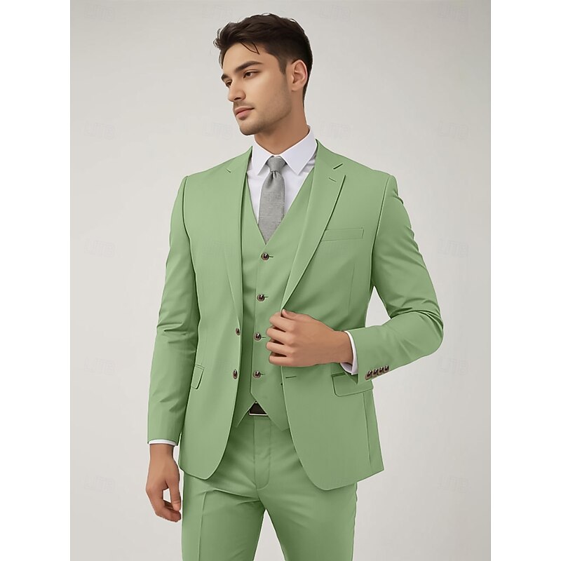 Men's Wedding Party Suits Notch Lapel Sage Fashion Formal Solid Colored Standard Fit 3 Piece Single Breasted Two-buttons2