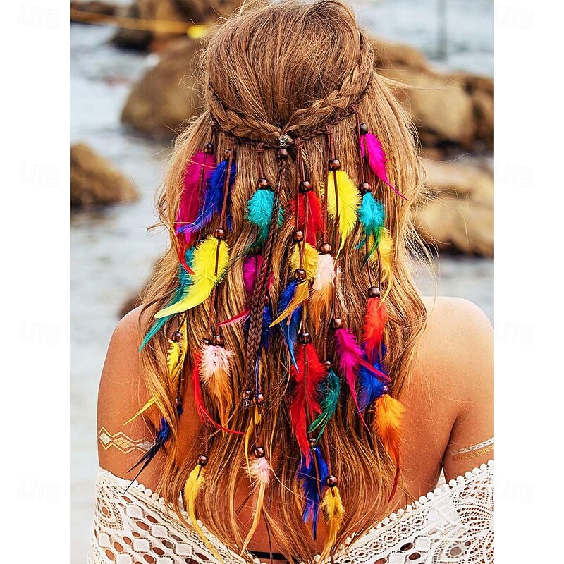 Boho Rainbow Indian Headbands Hippie Feather Headdress Adjustable Long Feather Hair Accessories for Women and Girls