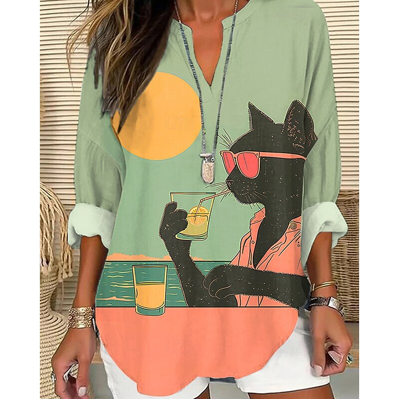 Women's Shirt Animal Daily Stylish Basic Long Sleeve V Neck Regular Tops Daily Holiday Print Navy Blue Green Light Blue Spring Fall2