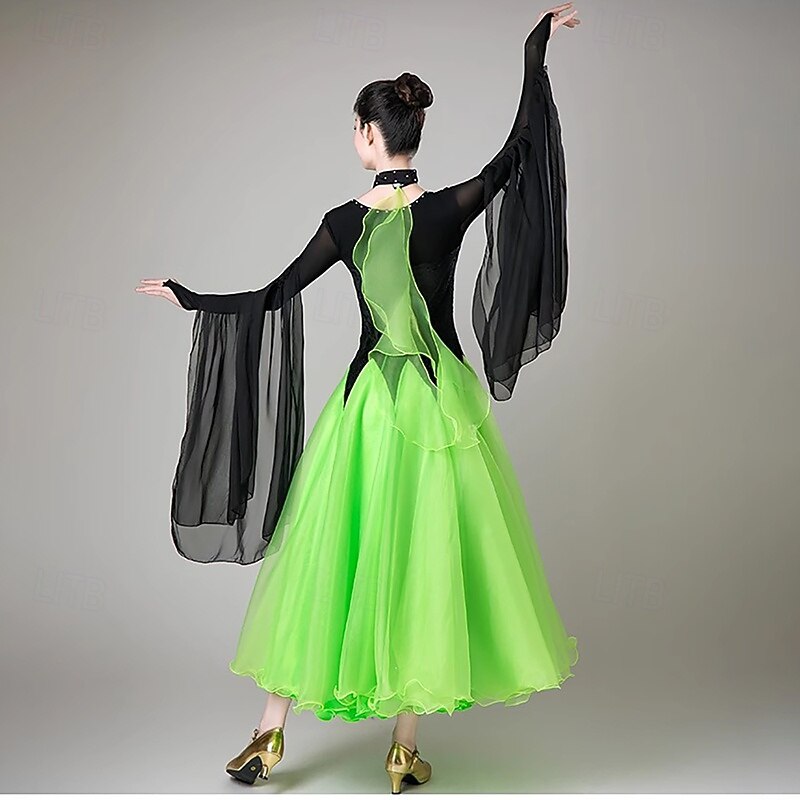 Ballroom Dance Dress Printing Splicing Crystals / Rhinestones Women's Performance Training Long Sleeve Mesh Spandex Tulle2
