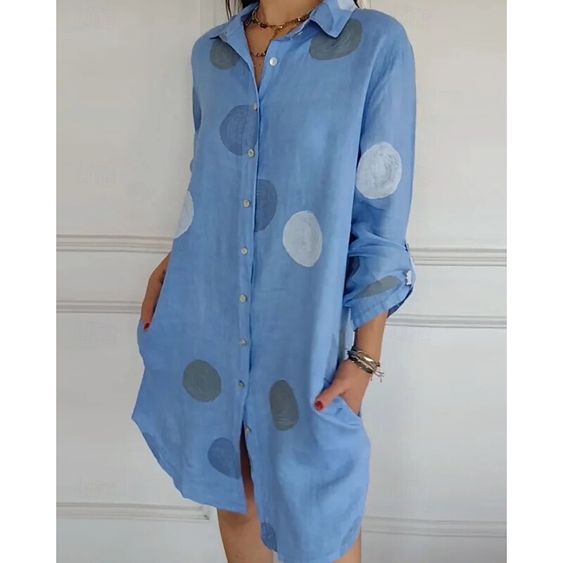 Women's Mini Dress Shirt Dress Cotton Linen Dress Classic Modern Vacation Daily Holiday Regular Fit Dot Long Sleeve Shirt Collar White Royal Blue Gray Summer2