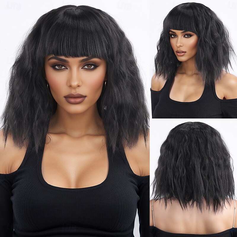 Synthetic Wig kinky Straight Water Wave Asymmetrical Neat Bang Machine Made Wig 14 inch A1 Synthetic Hair Women's Classic Comfortable Color Gradient Black