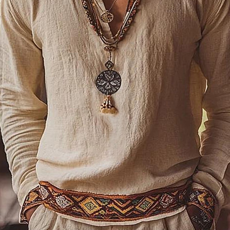 Men's Shirt Linen Shirt Popover Shirt Summer Shirt Beach Wear Retro Shirts Geometric Vacation Street Khaki Long Sleeve V Neck Summer Spring Clothing Apparel Ethnic2