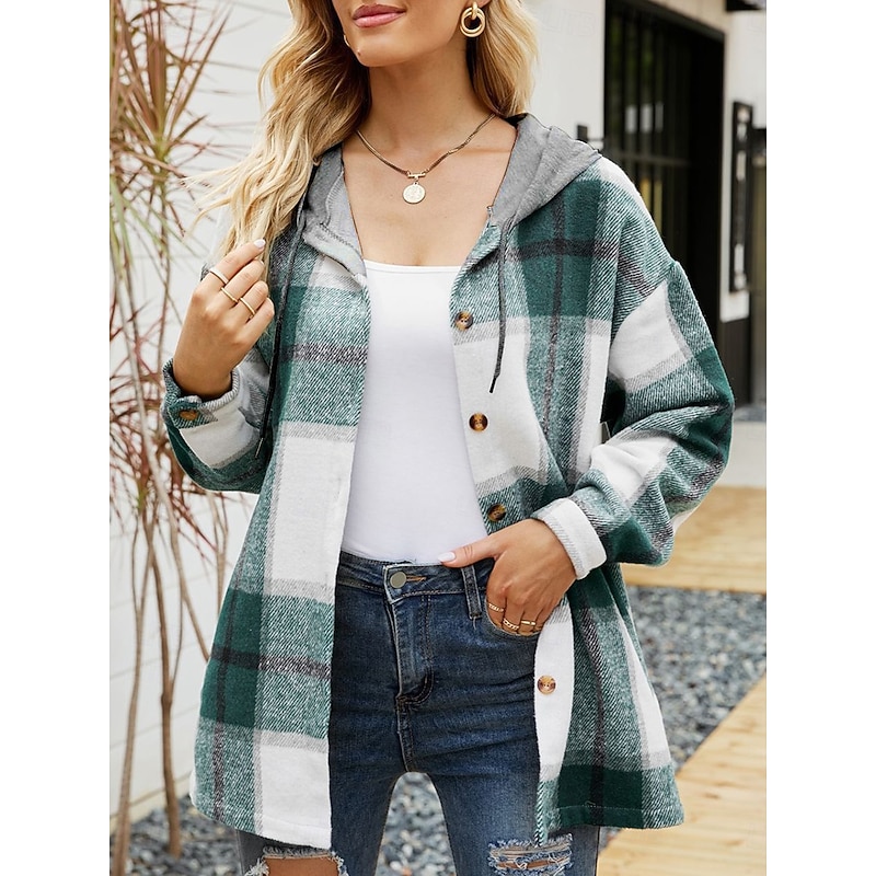 Women's Casual Jacket Dailywear Button Plaid Casual / Daily Vintage Loose Fit Outerwear Long Sleeve Summer Wine Red S3