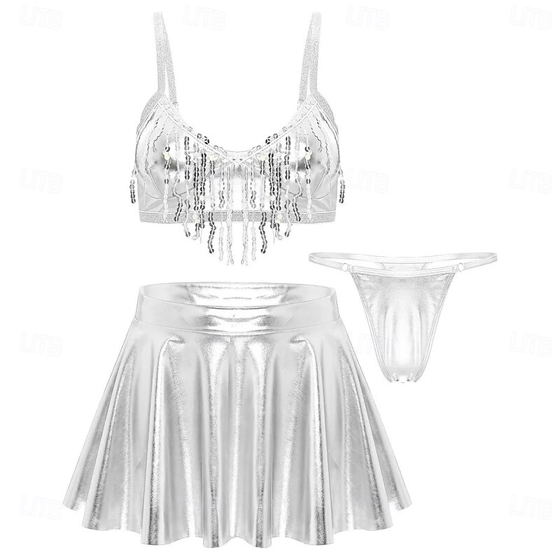 Retro Vintage 1980s Rave Skirt Outfits Crop Top Disco Shiny Latex Patent Metallic Fancy Dress Women's Pride Halloween Carnival Music Festival Pride Parade Pride Month Adults' Skirt Pants Bra Summer2