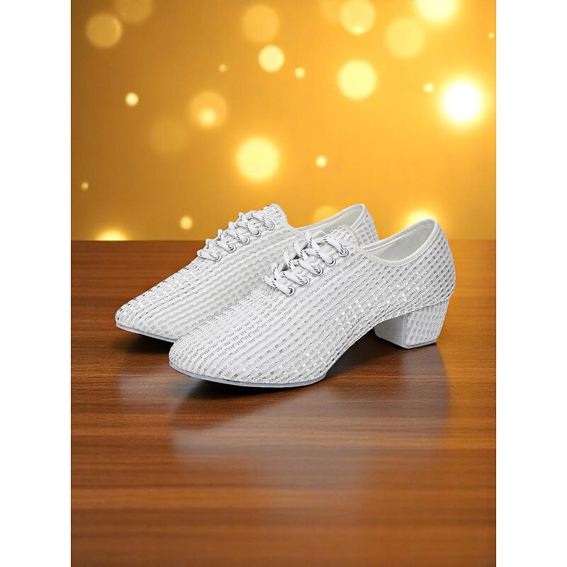Women's White Mesh Latin Dance Shoes with Low Chunky Heels and Sparkling Rhinestones - Breathable Professional Ballroom Footwear for Performers and Competitions2