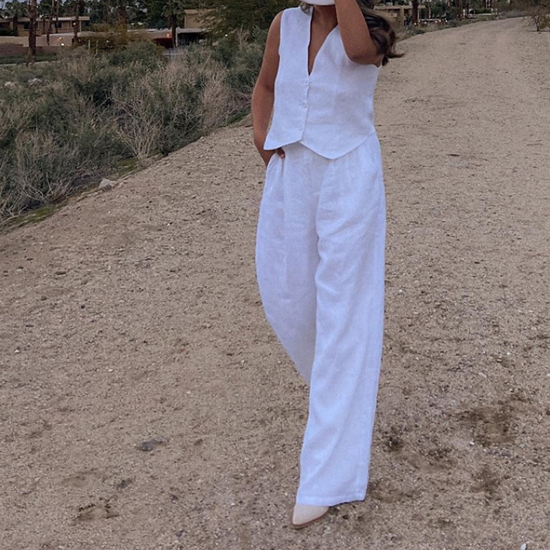 Women's Active Fashion Blouse Pants Sets Sleeveless V Neck Solid Color Dubbele Rij Knopen Daily Casual Daily Black White Pink Summer Regular Fit3