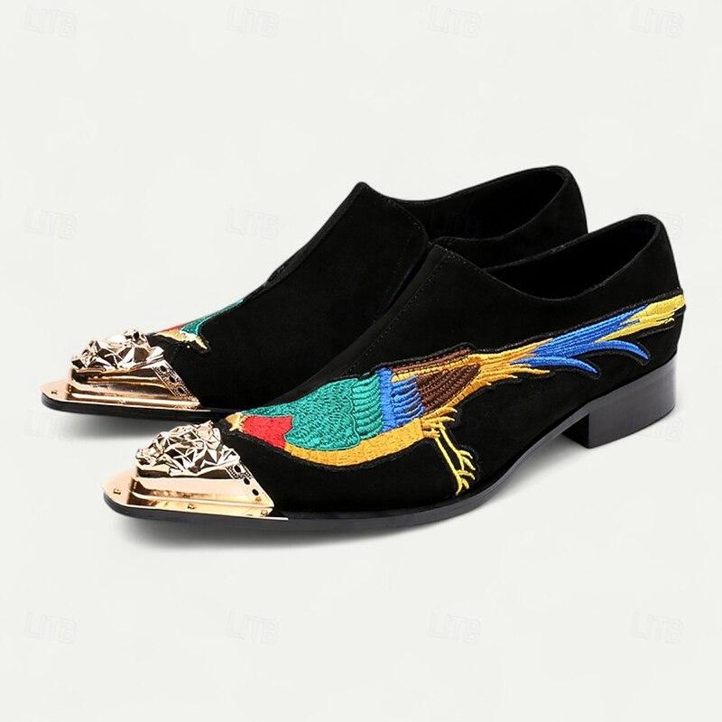Men's Embroidered Velvet Leather Loafers with Colorful Bird Design and Metal Toe – Luxury Slip-On Formal Shoes for Parties and Weddings2