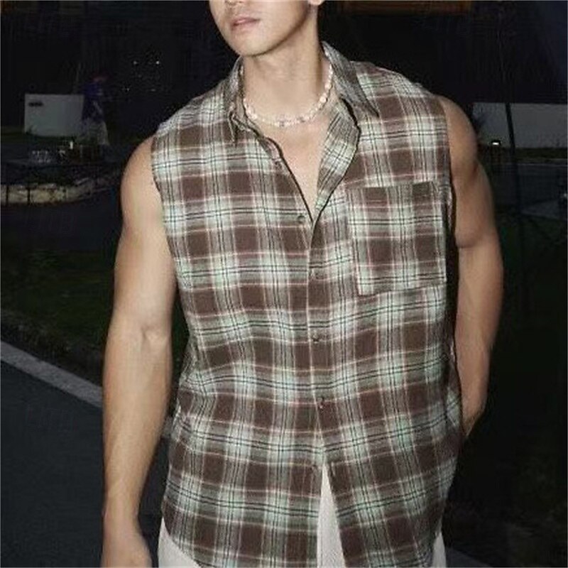 Men's Shirt Summer Shirt Casual Shirt Beach Shirt Button Up Shirt Purple Brown Sleeveless Plaid Lapel Vacation Hawaiian Front Pocket Clothing Apparel Polyester Fashion Casual Comfortable3