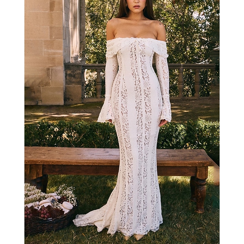 Women's Long Dress Maxi Dress Lace Dress Prom Dress Party Dress Elegant Fashion Party Special Occasion Evening Party Regular Fit Plain Long Sleeve Off Shoulder Black White Summer