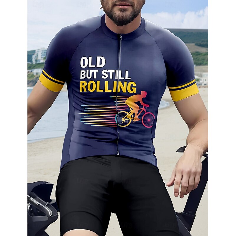 Men's Cycling Jersey Graphic Geometric Letter & Number Short Sleeve Bike Tee Tshirt Top with 3 Rear Pockets UV Resistant Quick Dry Front Zipper Reflective Strips Sports Black Navy Blue Dark Green