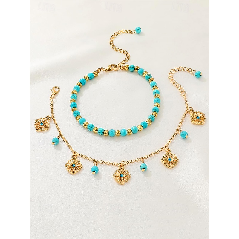 Women's Turquoise Beaded Anklet Set with Gold Plated Charms – Bohemian Beach Jewelry for Summer Vacations and Festivals4