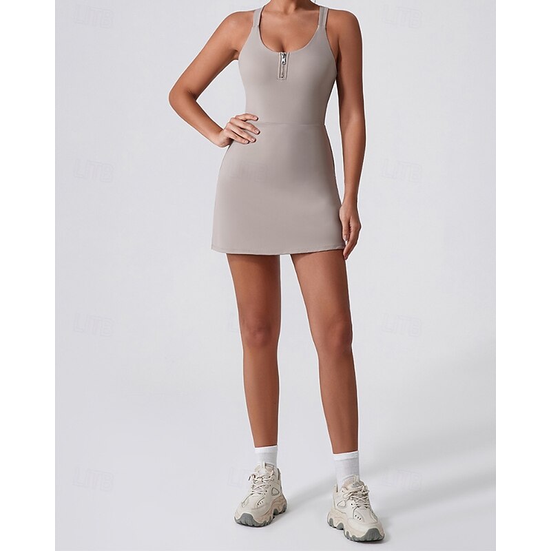 Women's Solid Colored Tennis Dress with Built in Shorts and Bra Sports Dress Sleeveless Zipper Moisture Wicking Tennis Golf Pickleball Round Dress Light Coffee Black White Tennis Clothing4
