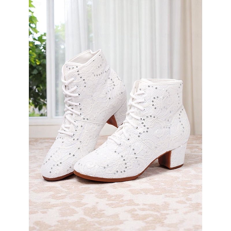 Women's White Lace-Up Performance Dance Boots with Rhinestone Accents - Vintage-Style Stage Shoes for Ballroom Shows, Costume Performances, and Theatrical Events4