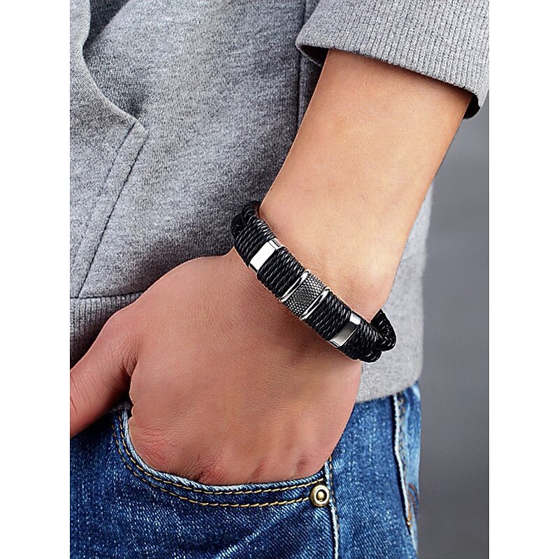 Men's Braided Faux Leather Bracelet with Stainless Steel Clasp – Vintage Style Adjustable Wristband for Casual, Daily Wear and Gifts2