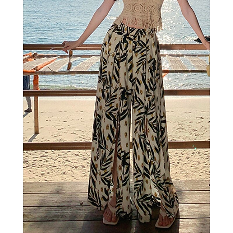 Women's Slacks Streetwear Boho Full Length Natural Flower Elastic Waist Printing Outdoor Comfortable Going out Weekend Black Summer Regular Fit2