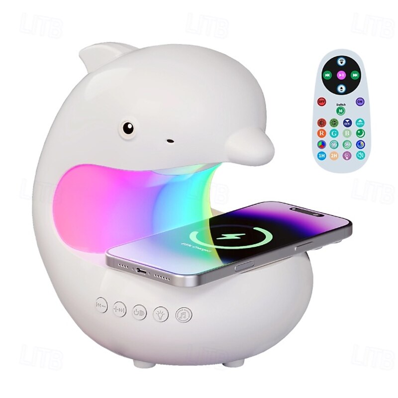 1 Pc Mobile Wireless Charging Night Light Music Player RGB Colorful Lights Follow Music Rhythm Cute Dolphin Shaped Type-C Plug in Bedroom Bedlight Dimming Timer Function4