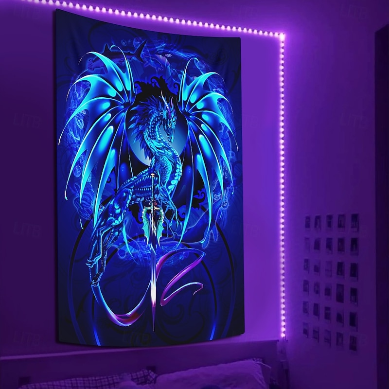 Ruth Thompson Blacklight Tapestry Glow in the Dark Glow Party UV Reactive Trippy Misty Hanging Tapestry Wall Art Mural for Living Room Bedroom Dragonsword SEABLADE3