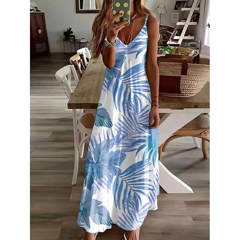 Women's Maxi Dress Sundress A Line Dress Slip Dress Vacation Casual Boho Beach Regular Fit Graphic Leaf Sleeveless V Neck Blue Green Summer Spring