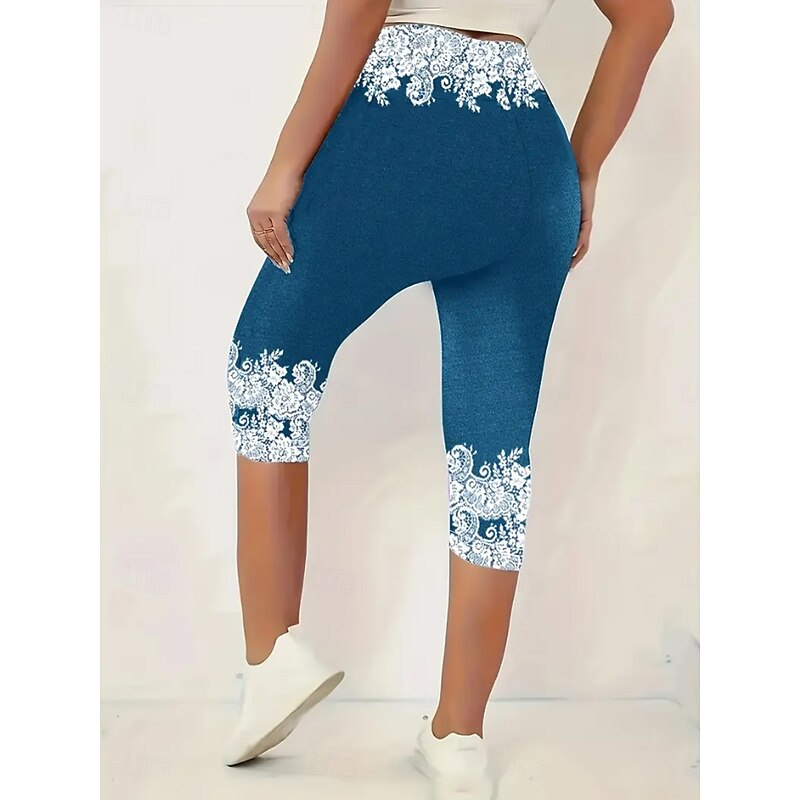 Women's Leggings Capri Pants High Elasticity Vacation Fashion Hawaiian Calf-Length Mid Waist Graphic Printing Breathable Soft Stretchy Vacation Casual Daily Robin's Egg Blue Blue Summer Spring2