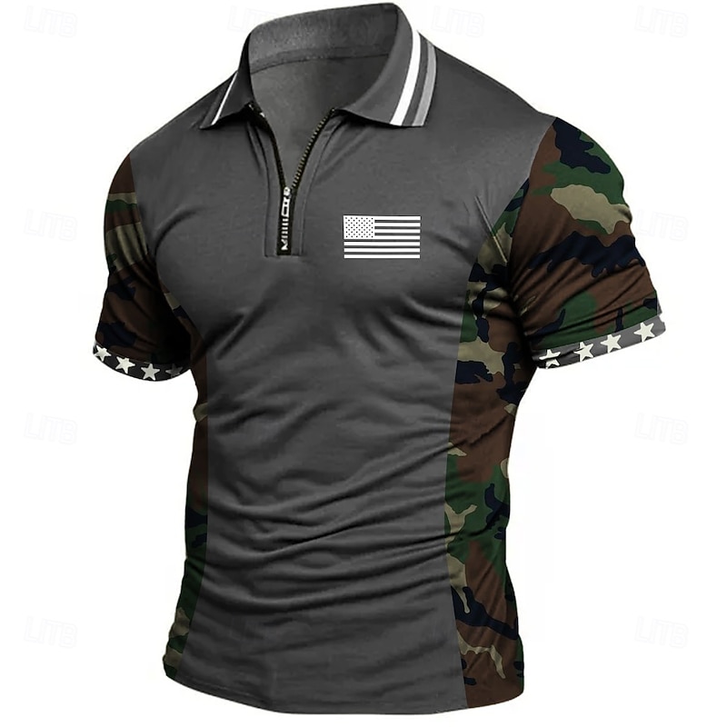 American Independence Day Men's American US Flag Zip Polo Shirts Short Sleeve Polo Shirts Collared Shirts Casual Athleisure Daily Wear 3D Print Summer Blue Green Gray3