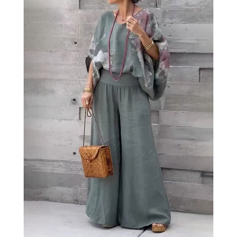 Women's Active Cotton Linen Shirts Blouse Pants Sets Half Sleeve V Neck Printing Print Vacation Holiday Navy Blue Purple Brown Summer Regular Fit