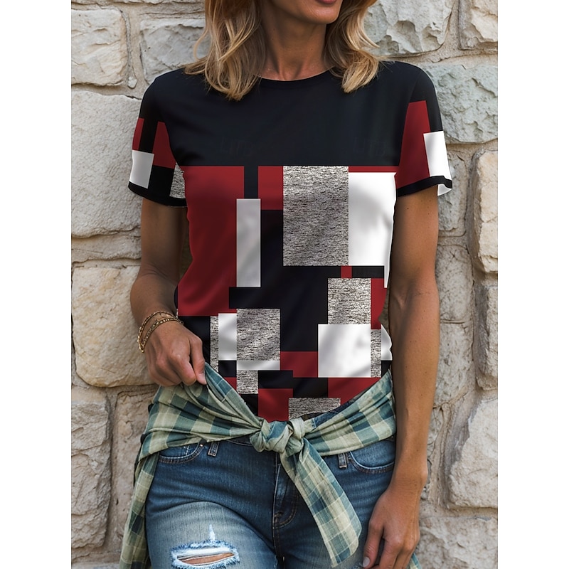 Women's T Shirt Graphic Geometric Color Block Vintage Stylish Classic Short Sleeve Crew Neck Round Neck Regular Tops Daily Print Red Blue Purple Green Summer Spring