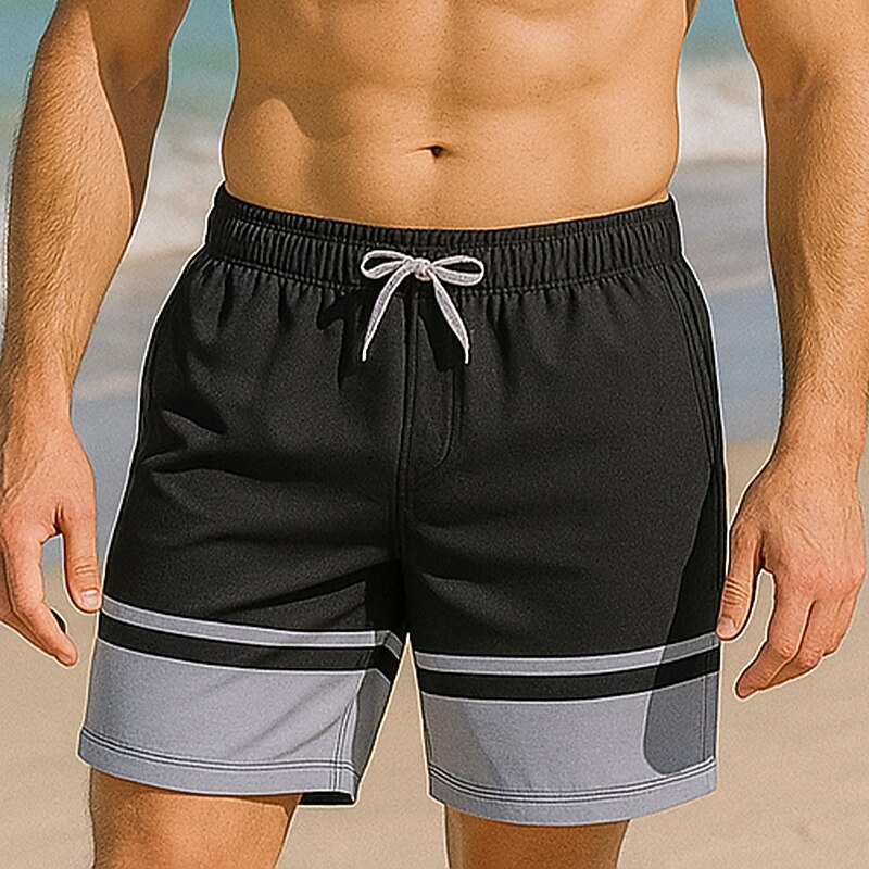 Men's Shorts Beach Shorts Drawstring Color Block Quick Dry Outdoor Knee Length Outdoor Vacation Home Vacation Ethnic Style Black+Grey Dark Red Stretchy