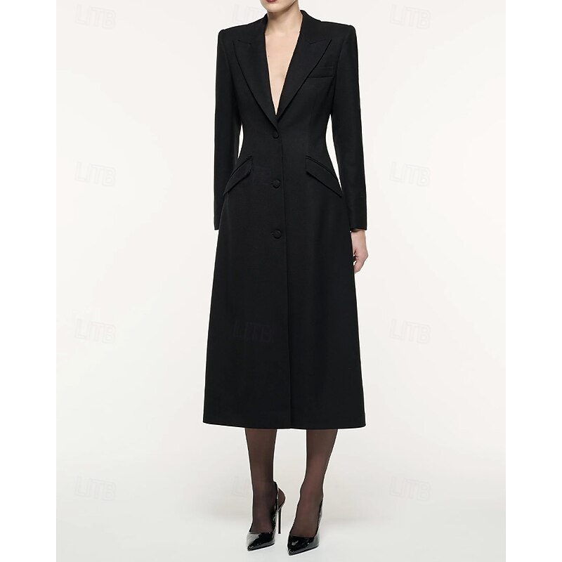 Tuxedo Dress A-Line Formal Wedding Guest Stretch Crepe Elegant Minimalist Long Sleeve Tea Length Peak Lapel Single Breasted3