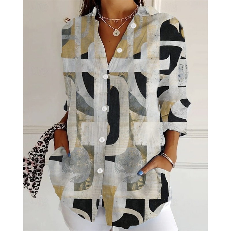 Women's Shirt Geometric Daily Stylish Basic Long Sleeve Shirt Collar Regular Tops Daily Holiday Buttons Print Black Royal Blue Blue Purple Green Spring Fall4