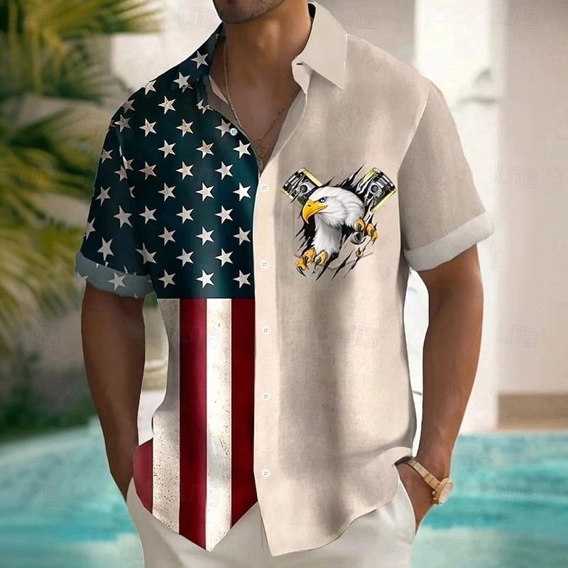 Independence Day Men's American US Flag Eagle Patriotic Shirt Summer Shirt Button Up Shirt Short Sleeve Fashion Casual Holiday Summer Spring Turndown 3D Print Collared Shirts Front One Pocket Khaki