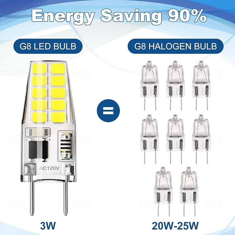 G8 LED Light Bulbs Dimmable 120V T4 JCD Type Bi-Pin G8 Base Bulb 3W Equivalent to 20W-25W Halogen Bulb White Warm White for Puck Light Under Cabinet Light Under Counter Light 5pcs4