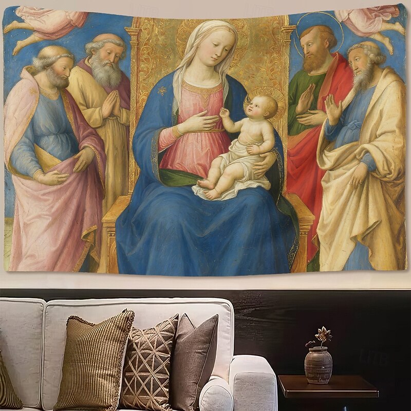Medieval Tapestry Middle Age Tapestry Religious Art Large Mural Decor Photograph Backdrop Home Bedroom Living Room Decoration Madonna and Child with Saints3