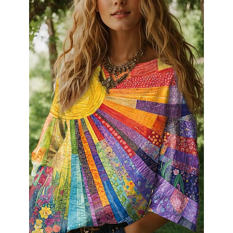 Women's Blouse Long Sleeve Ombre Graphic Geometric Bohemia Daily Ethnic 3/4 Length Sleeve Crew Neck Boat Neck Regular Tops Daily Holiday Vacation Wear Print Blue Purple Orange Summer Spring