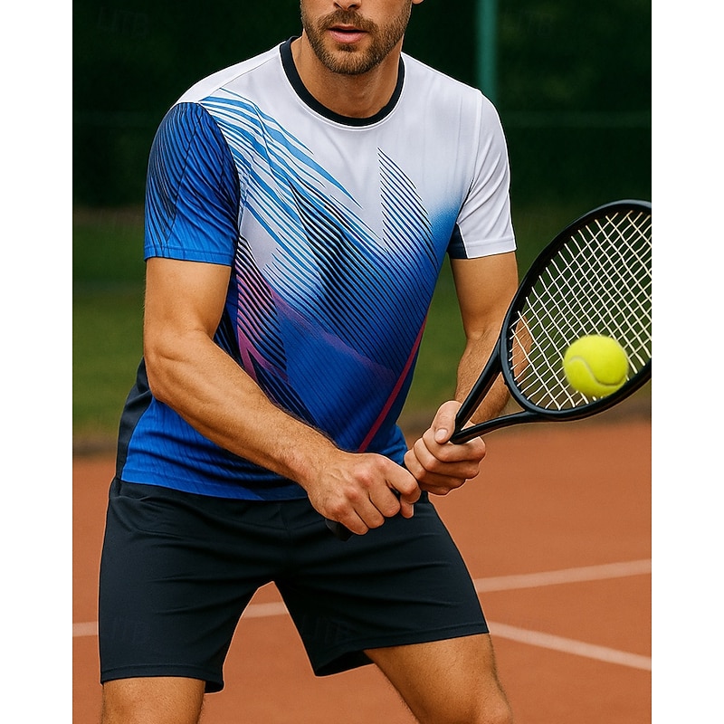 Men's Graphic Geometric Sports Set Shirts & Shorts Tennis Set Two-piece Suit Short Sleeves Sweat-Wicking Moisture Wicking Breathable Tennis Golf Pickleball Blue Green Tennis Clothing3