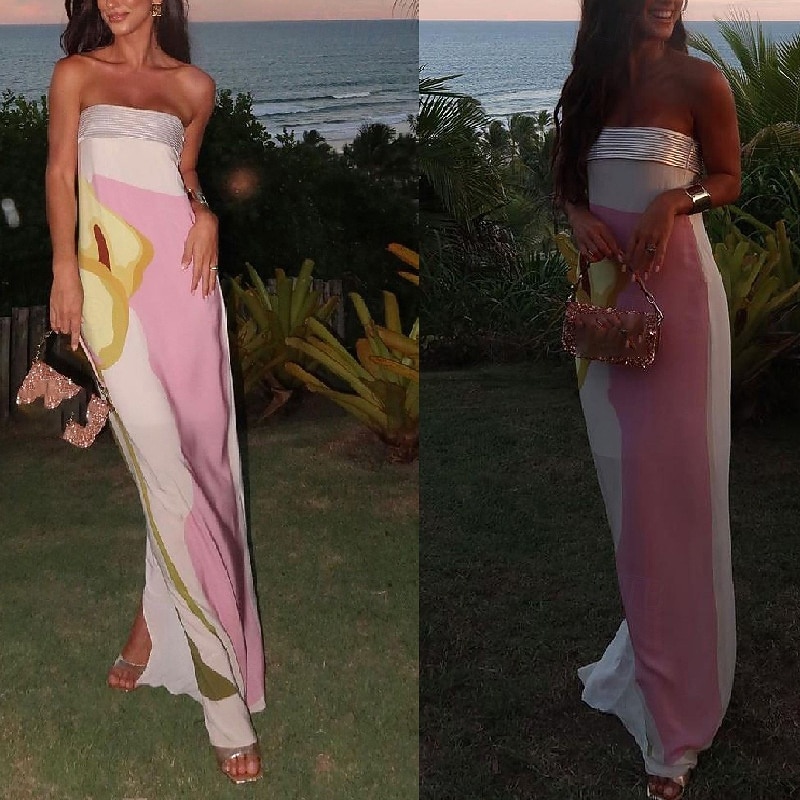 Women's Long Dress Maxi Dress Prom Dress Party Dress Fashion Party Tea Party Going out Regular Fit Flower Sleeveless Strapless Pink Summer